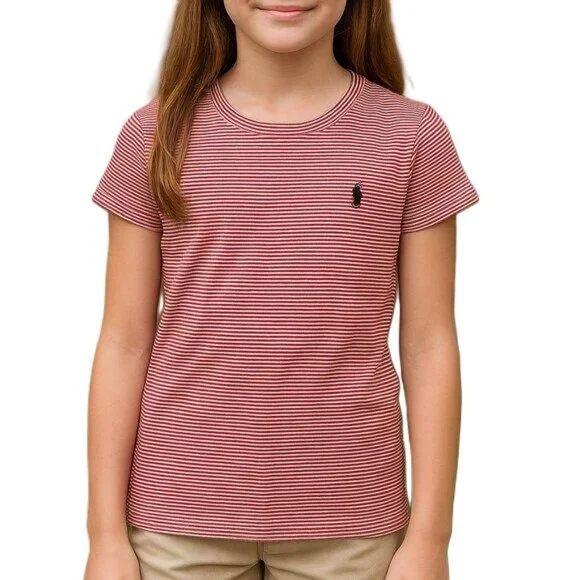 Polo Ralph Lauren Girls Medium Red Striped Tee Short Sleeve Round Neck - Picture 1 of 14